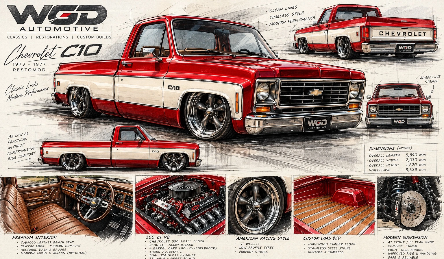 Supplied Chevrolet C10 restomod design sheet with red-and-cream bodywork, tobacco interior, V8 and lowered suspension concepts