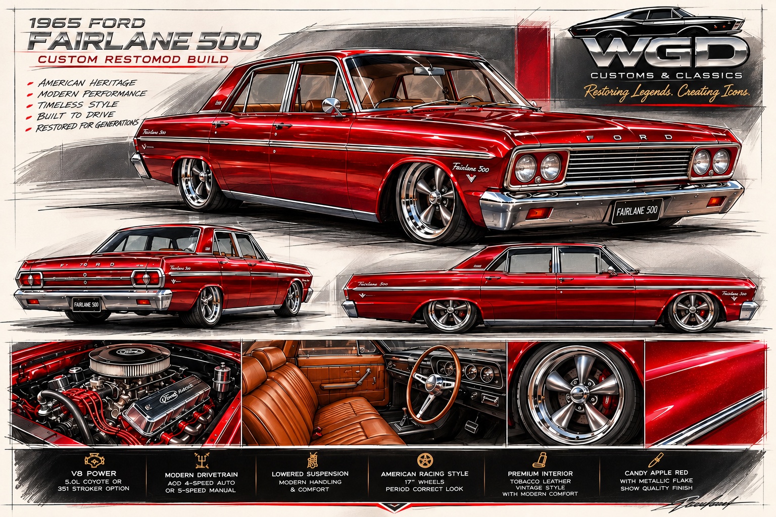 Fairlane 500 candy apple red restomod vision showing exterior views, tobacco-coloured interior, V8 engine bay and wheel details